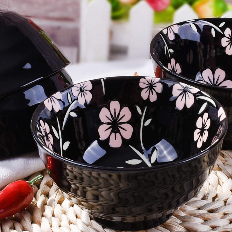 Whitenesser Japanese Style Rice Bowl Set of 4 Ceramic Cereal Bowls for Soup Snack Oat (4, Black Sakura) - Image 4
